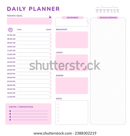 Daily planner calendar design with hourly plan, goal, notes, meal planner sheet timetable layout agenda in to do list tasks and reminder with brainstorming blank space can be filled by hand drawings. Royalty-Free Stock Photo #2388302219