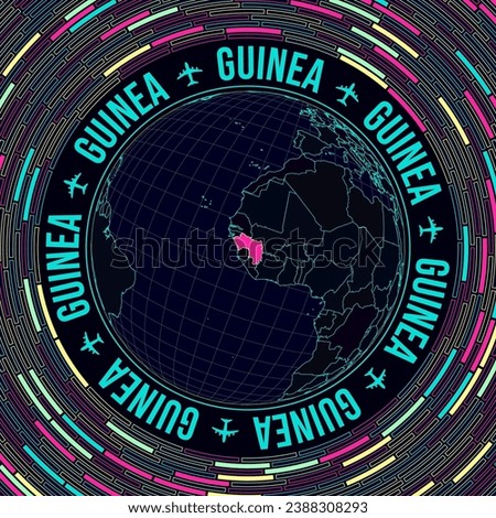 Guinea on globe. Satelite view of the world centered to Guinea. Bright neon style. Futuristic radial bricks background. Beautiful vector illustration.
