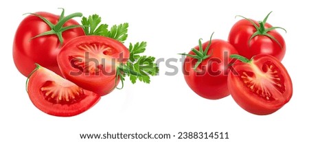 Tomato half and slice isolated on white background with  full depth of field.