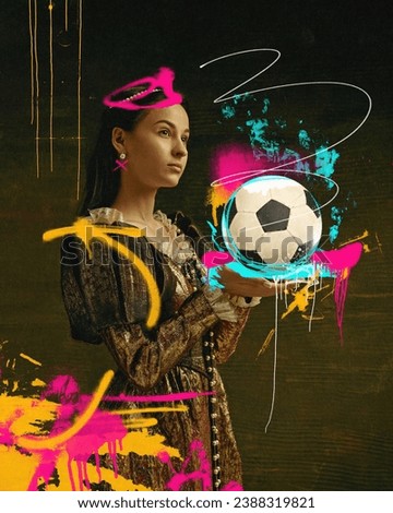 Elegant young woman, medieval royal person standing with football ball on vintage background with abstract doodles. Contemporary art collage. Concept of sport, eras comparison, retro style, creativity