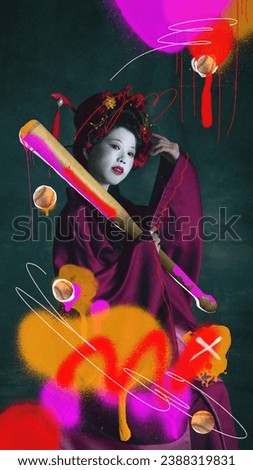 Young woman in kimono standing with baseball bat over dark green background with abstract colorful elements. Contemporary art collage. Concept of sport, eras comparison, retro style, creativity.