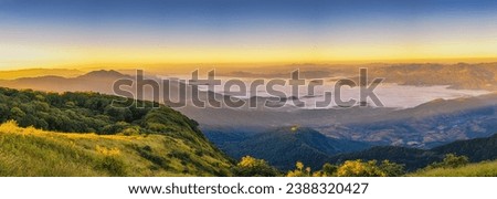 Tropical forest nature landscape view with mountain range and moving cloud mist at Kew Mae Pan nature trail, Doi Inthanon, Chiang Mai Thailand panorama Royalty-Free Stock Photo #2388320427