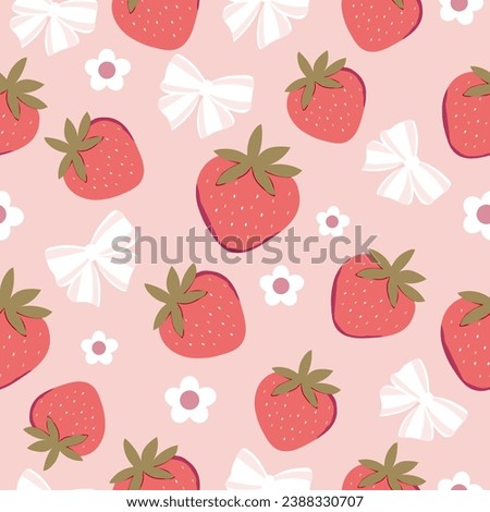 seamless pattern of strawberry , flower and  white bow on pastel pink background , vector , illustration