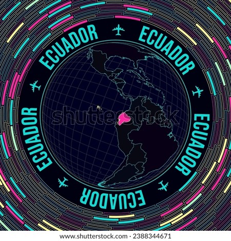 Ecuador on globe. Satelite view of the world centered to Ecuador. Bright neon style. Futuristic radial bricks background. Appealing vector illustration.