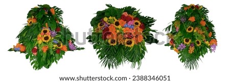 Hydrangeas, sunflowers and roses and various flowers with leaves isolated on white background. Creative ideas of spring flowers for weddings and love. include cutting path