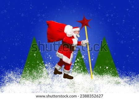 Photo collage artwork minimal picture of funky happy santa delivering christmas gifts isolated blue color background