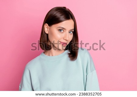 Photo of nice bob hairdo millennial lady wear blue hoodie isolated on pink color background