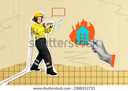 Picture poster creative collage of confident girl firewoman extinguishing fire in flat hose with water isolated on drawing background