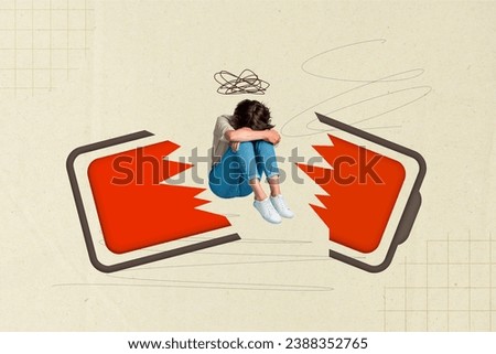 Composite collage of mini devastated black white effect girl sit between broken battery health indicator isolated on drawing paper background