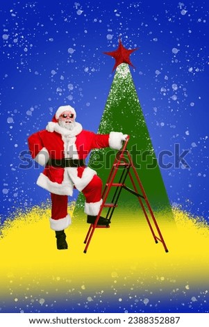 Exclusive magazine picture sketch collage image of funky santa claus decorating new year tree isolated blue color background