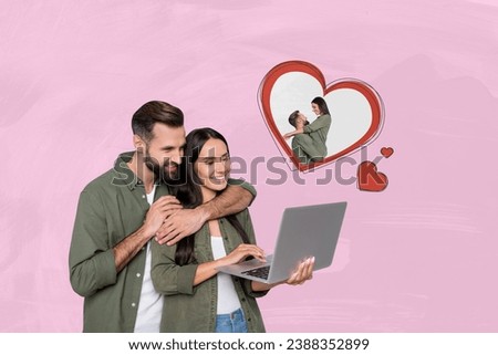 Picture 3d image collage of happy couple watching video photo memory wedding day celebration