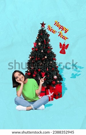 Vertical collage picture of cheerful girl point finger decorated evergreen tree happy new year greeting isolated on blue background