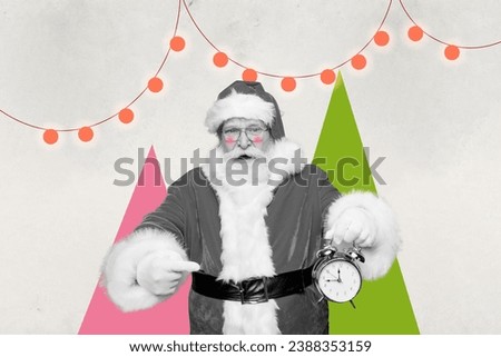 Cartoon comics collage picture of impressed shocked santa showing new year time coming isolated grey color background