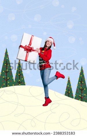 Vertical collage picture of positive girl hands hold christmas giftbox decorated evergreen trees isolated on creative background