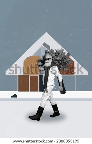 Vertical collage picture of black white colors charismatic granddad carry christmas tree walk house building isolated on creative background