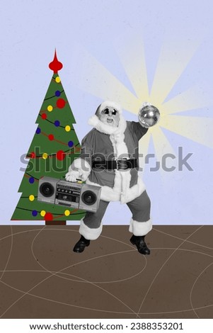 Vertical creative composite collage photo of crazy funky man in santa claus cosume hold boombox disco ball isolated on drawing background