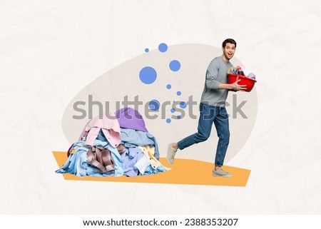 Composite collage picture image of young happy man hold bowl laundry clothes housekeeping surrealism template metaphor artwork concept