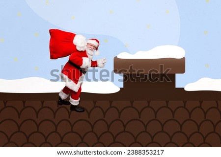 Creative collage picture of grandfather santa walk house roof chimney hold new year presents sack isolated night sky background