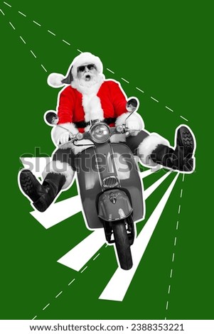Vertical collage picture of impressed black white colors santa drive fast bike christmas night isolated on green background