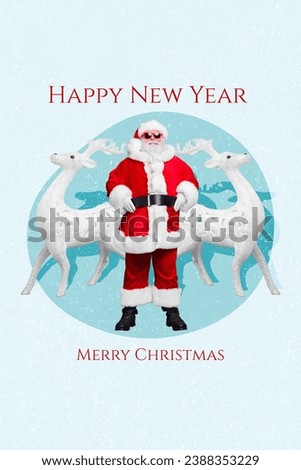 Cartoon comics sketch collage picture of funky cool santa claus wishing new year greetings isolated blue color background