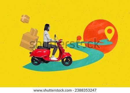 Collage illustration courier scooter drive woman moving new address delivery with carton boxes road to geotag isolated on yellow background Royalty-Free Stock Photo #2388353247