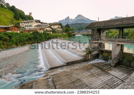 Berchtesgaden, Germany, Europe - August 20, 2023. Berchtesgaden cityscape, skyline of the traditional German Town in the Alps, Berchtesgadener Land with traditional alpine buildings, river, mountains. Royalty-Free Stock Photo #2388354253