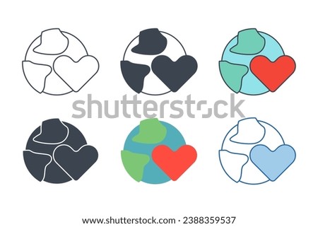 Globe with Heart icon collection with different styles. Earth Love icon symbol vector illustration isolated on white background