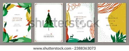 Modern Holiday cards. Abstract Christmas templates with universal decorative frames and copy space, Christmas Tree, deer and greetings.