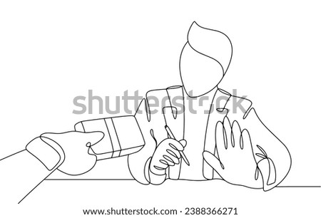 Businessman refuses bribe. Conducting an honest business. International Anti-Corruption Day. One line drawing for different uses. Vector illustration. Royalty-Free Stock Photo #2388366271