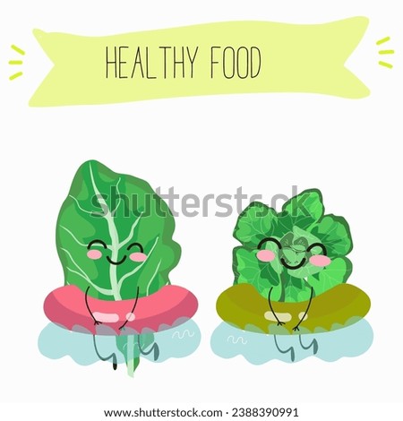 Vector cartoon funny character cute spinach character on a white background. Healthy food. 
Vegetarianism. Lettuce leaves. Sorrel.