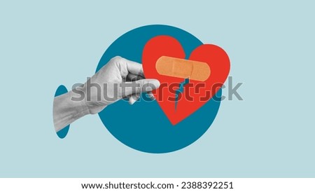 Collage with the hand with heart with band-aid. Healing heart, healing from breakup, healing from divorce, therapy to feel better, putting the pieces of the heart together Royalty-Free Stock Photo #2388392251