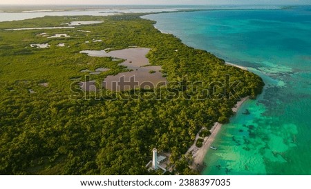 drone fly above natural park biosphere reserve in Tulum Sian Ka'an, Punta Allen lighthouse Royalty-Free Stock Photo #2388397035