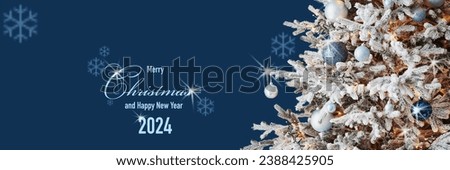 Art greeting card with text Merry Christmas and Happy New Year 2024, frame, wide panoramic banner. Christmas tree on dark blue background. Winter xmas holiday theme
