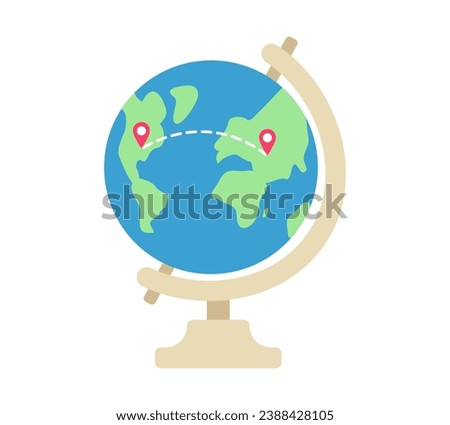 Globe with route for air travel. Selecting country for tour. Pins, dotted line. Planning trip, vacation. World map. Flight across continent. Planet Earth. Color image. Flat style. Vector illustration