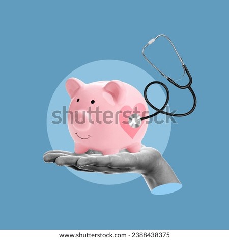 Medical expenses insurance, doctors, saving for health, saving for insurance, protection, Piggy bank with stethoscope, Financial checkup, medical care, saving for health insurance costs, Healthcare Royalty-Free Stock Photo #2388438375