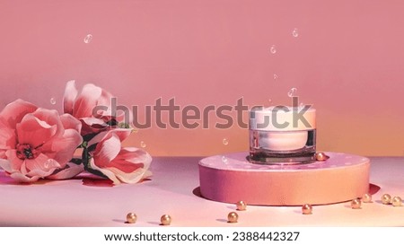 A jar of cream on a podium and a magnolia branch on a pink background.Background with space for text