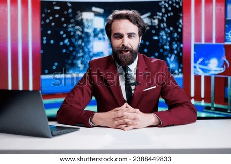 Media presenter broadcasting live program in newsroom, reading headlines of the day and presenting latest news on night show. Man reporter hosting entertainment segment at midnight.