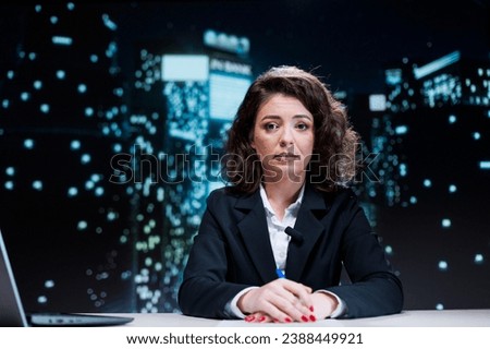 TV show host reading news headlines and hosting entertainment segment with latest events and information. Woman presenter working on media and television network, reporting live incidents.