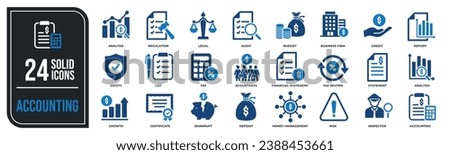 Accounting solid icons collection. Containing financial statement, inspecting, report, analysis etc icons. For website marketing design, logo, app, template, ui, etc. Vector illustration. Royalty-Free Stock Photo #2388453661