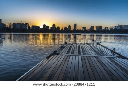 Albert park lake sunrise skyline reflections Melbourne