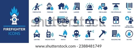 Firefighter icon set. Containing fireman, fire truck, hose, fire station, house fire, siren and fire hydrant. Solid vector icons collection.