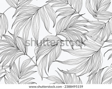 Foliage seamless pattern, hand drawn indoor bamboo palm leaves on light grey