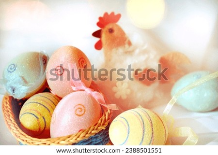 Easter colorful eggs  in basket, chick, spring willow tree and pastel bokeh background Easter Card with copy space. Farmhouse, Happy Easter