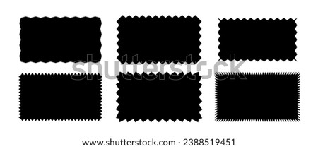 Zig zag edge rectangle shape collection. Jagged rectangular elements set. Black graphic design elements for decoration, banner, poster, template, sticker, badge, label, tag. Vector bundle Royalty-Free Stock Photo #2388519451