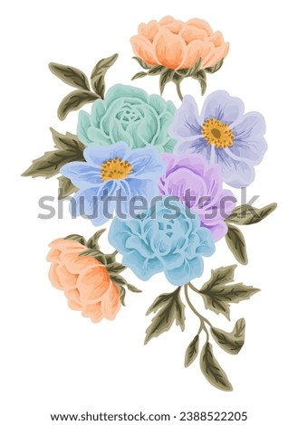 Beautiful romantic flower bouquet arrangement with roses, tulips, lilac floral, peony, poppy, floral bud, and leaf branch vector illustration elements