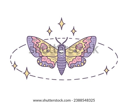 Hawk moth acherontia atropos butterfly round magic linear shape with stars. Abstract mystic sign. Perfect design for magic craft. 


