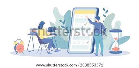 Online Survey, Examination, Student Test, Questionnaire. Person choosing answers. Digital quiz checkmarks. Vector illustration with character situation for web.	
 Royalty-Free Stock Photo #2388553571