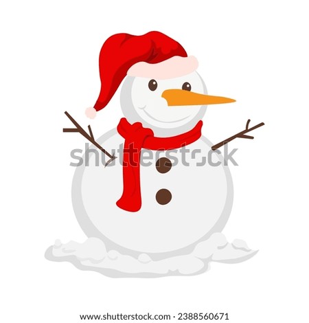 snowman with red hat and red scarf in white background. Flat design. Vector illustration.