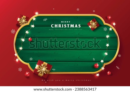 Merry Christmas sign banner green wood frame with empty space and festive decoration on red background Royalty-Free Stock Photo #2388563417