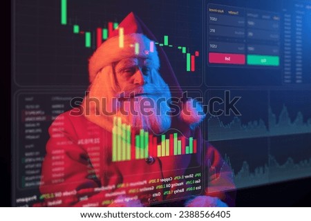 Santa Claus is looking at the HUD menu. Stock charts. brokerage terminal.